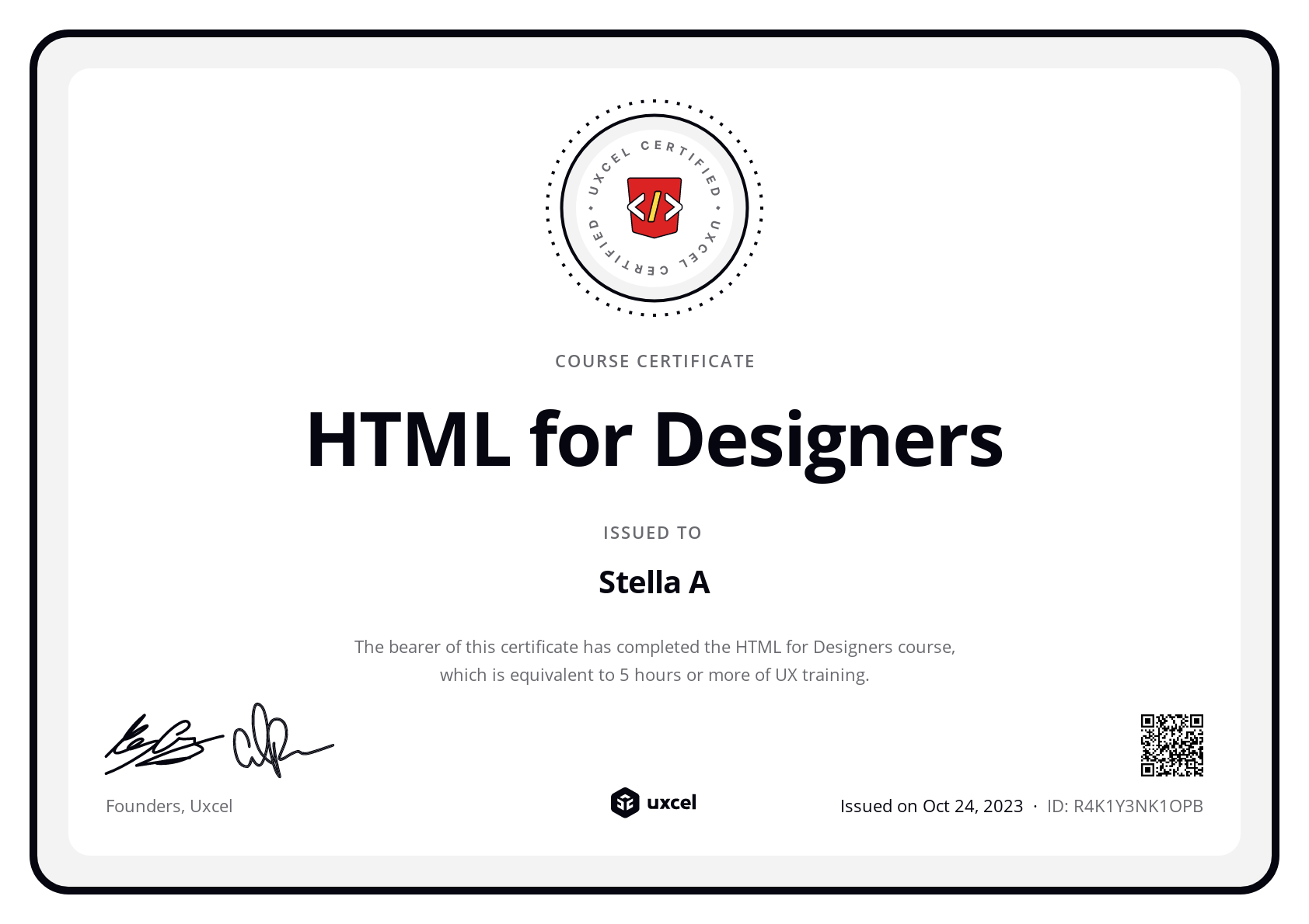 Stella A's certificate
